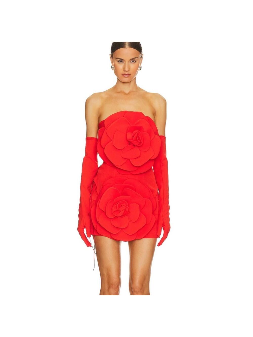MISCREANTS Rose Dress With Gloves in Red - Picture 3 of 9